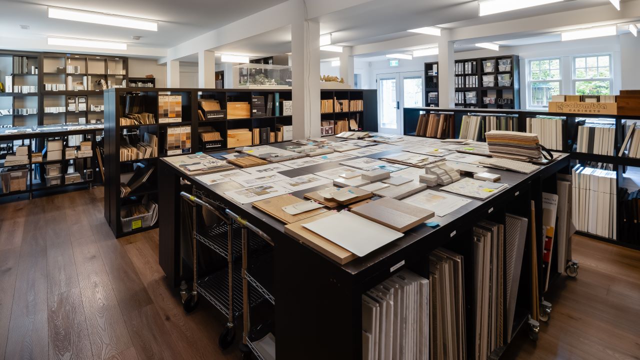 A full table covered in samples for home design.
